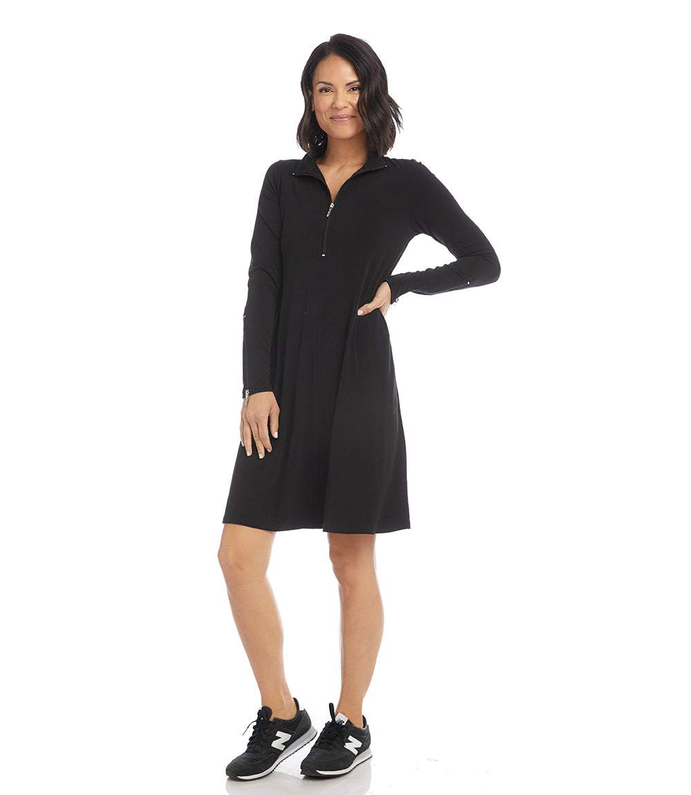 Petite Size Zip-Up Travel Jersey Dress - Black