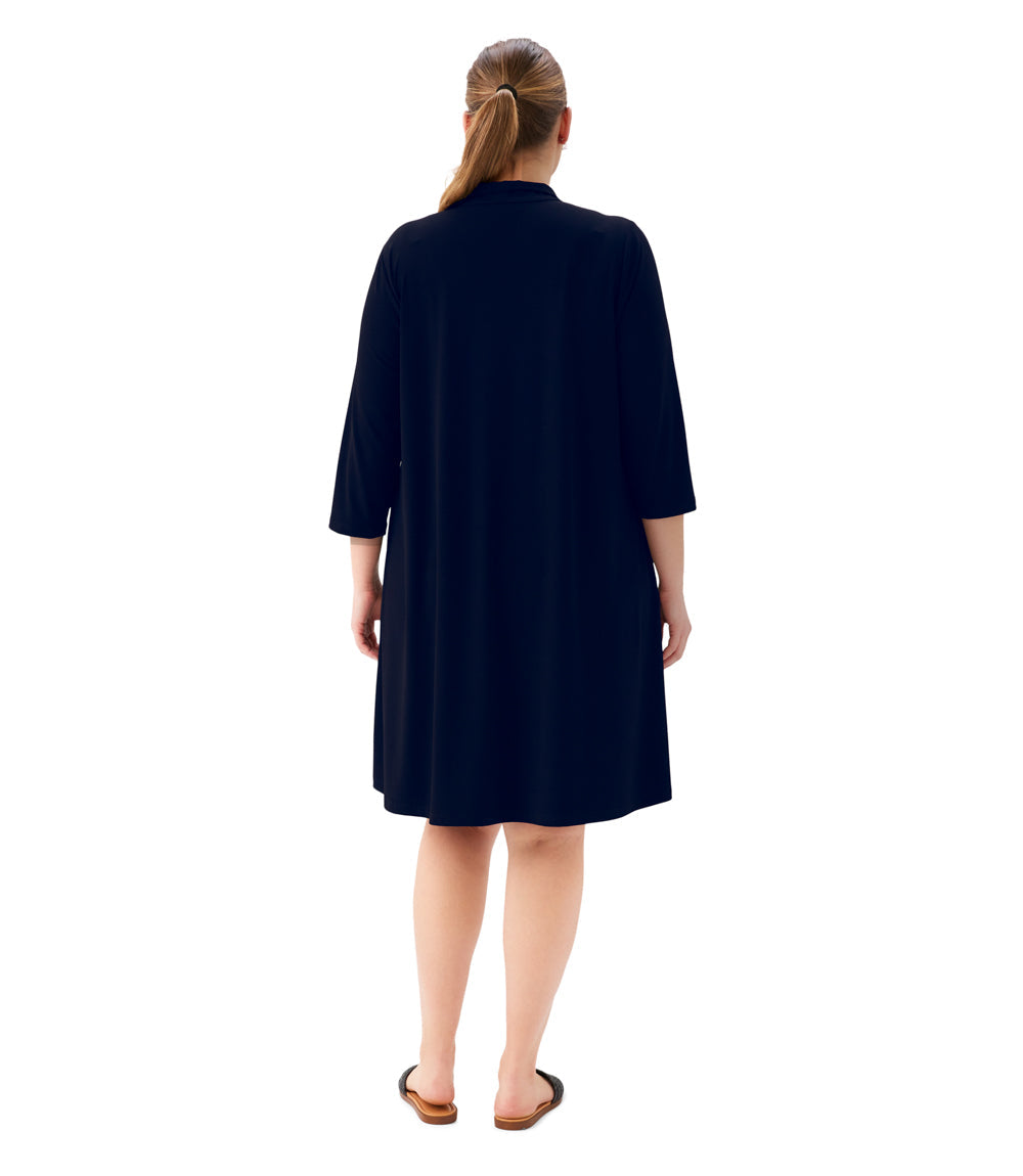 Plus Size 3/4 Sleeve Zip-Up Travel Jersey Dress - Navy
