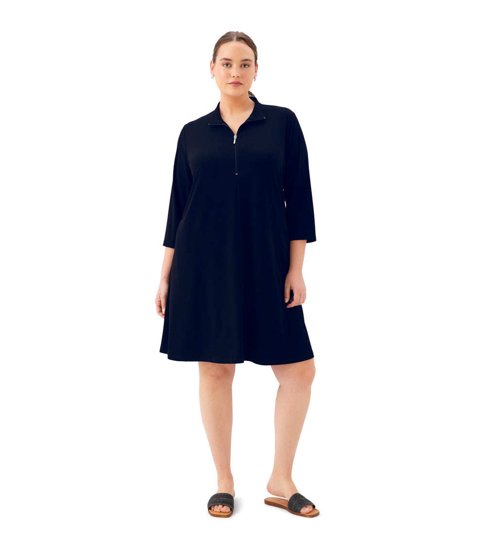 Plus Size 3/4 Sleeve Zip-Up Travel Jersey Dress - Navy