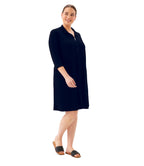 Plus Size 3/4 Sleeve Zip-Up Travel Jersey Dress - Navy