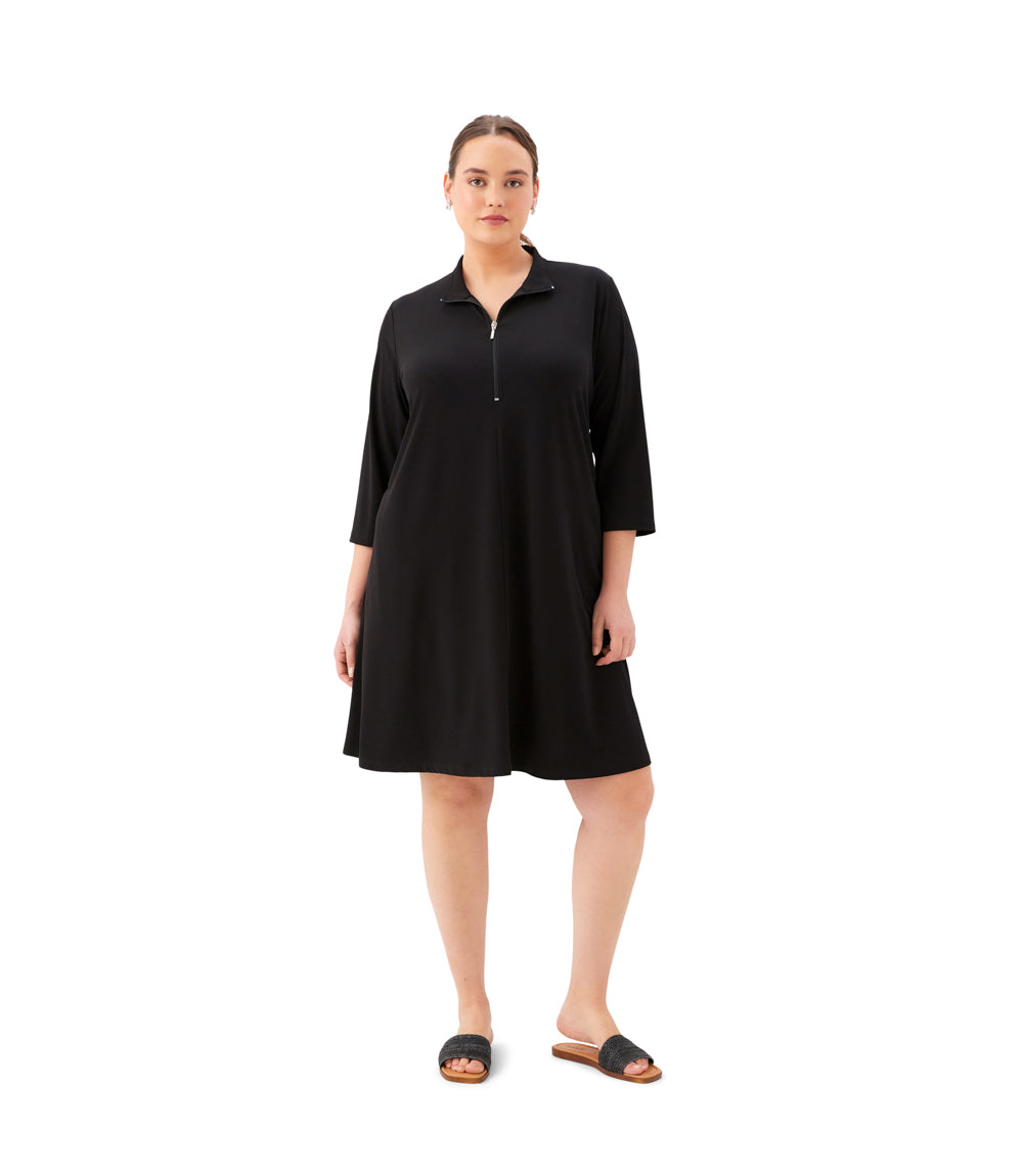 Plus Size 3/4 Sleeve Zip-Up Travel Jersey Dress - Black