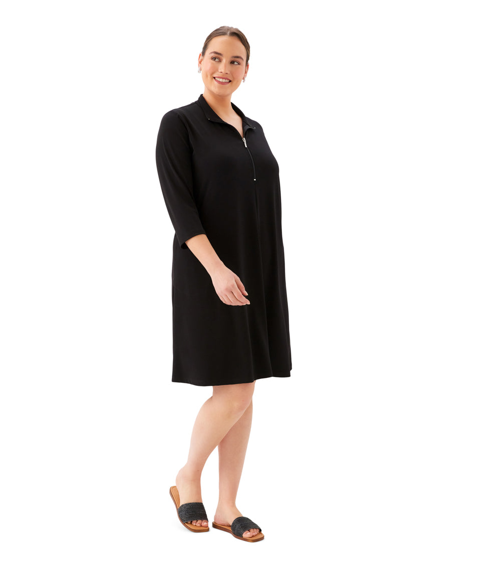 Plus Size 3/4 Sleeve Zip-Up Travel Jersey Dress - Black