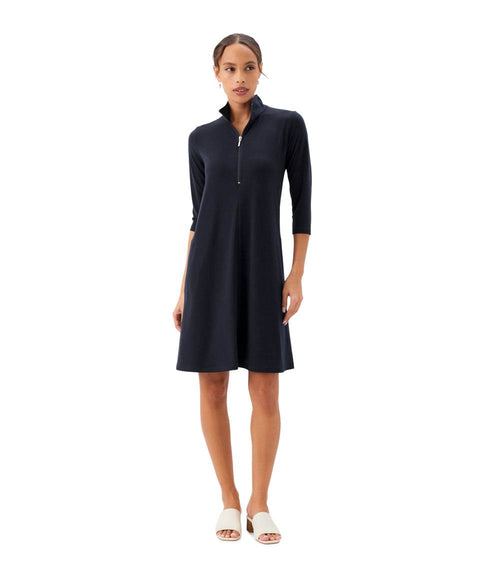 Petite Size 3/4 Sleeve Zip-Up Travel Jersey Dress - Black