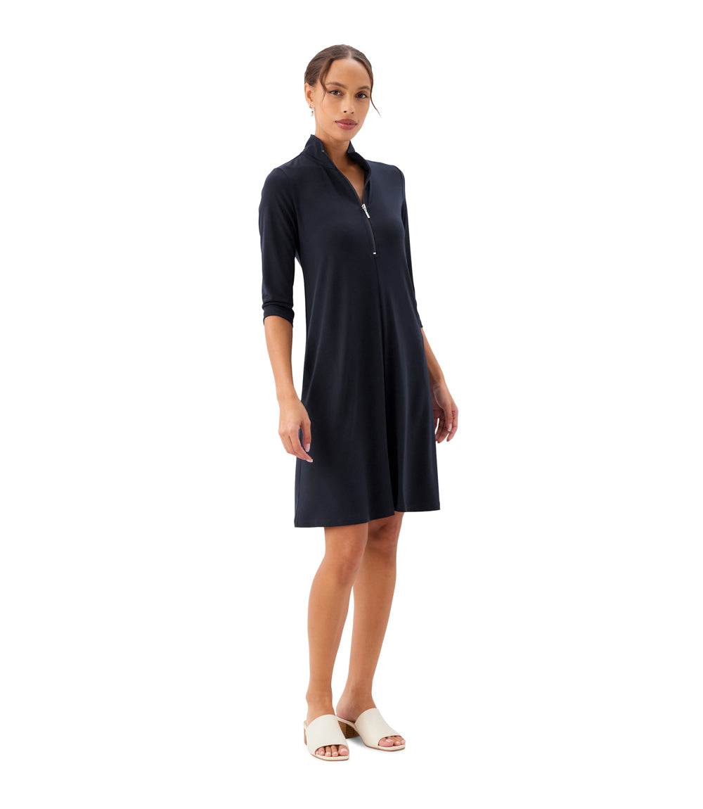 Petite Size 3/4 Sleeve Zip-Up Travel Jersey Dress - Black