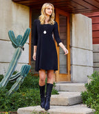 Petite Size Three Quarter Sleeve A-Line Dress - Black