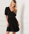 Petite Size Puff Sleeve Tiered Dress - Black