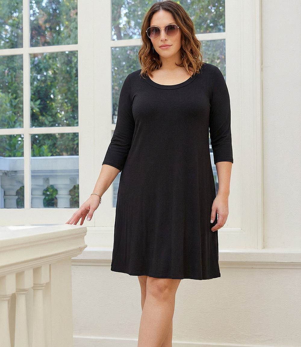 Plus Size Three Quarter Sleeve A-Line Dress