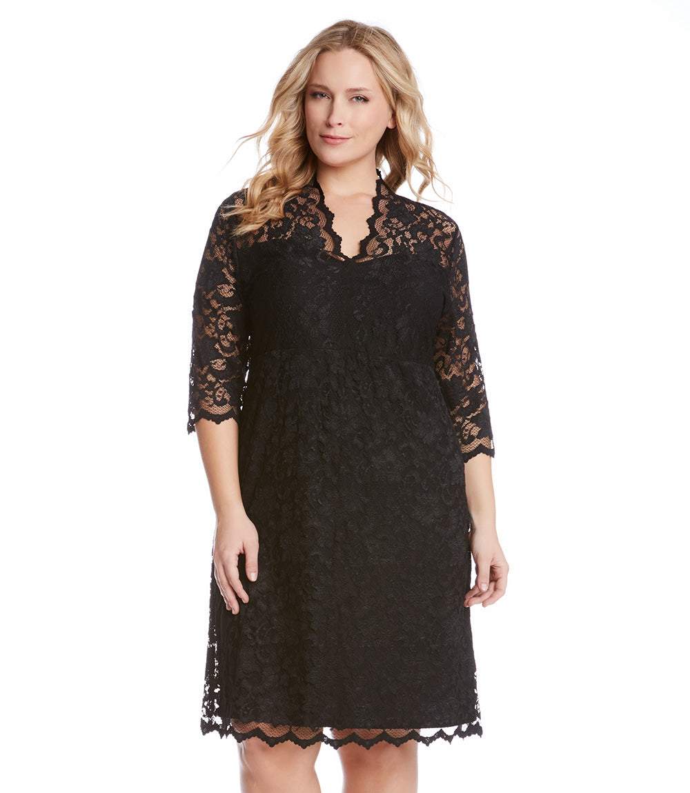 Plus Size V-Neck Scallop Lace Dress - Black