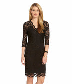 Petite Size V-Neck Scallop Lace Dress - Black