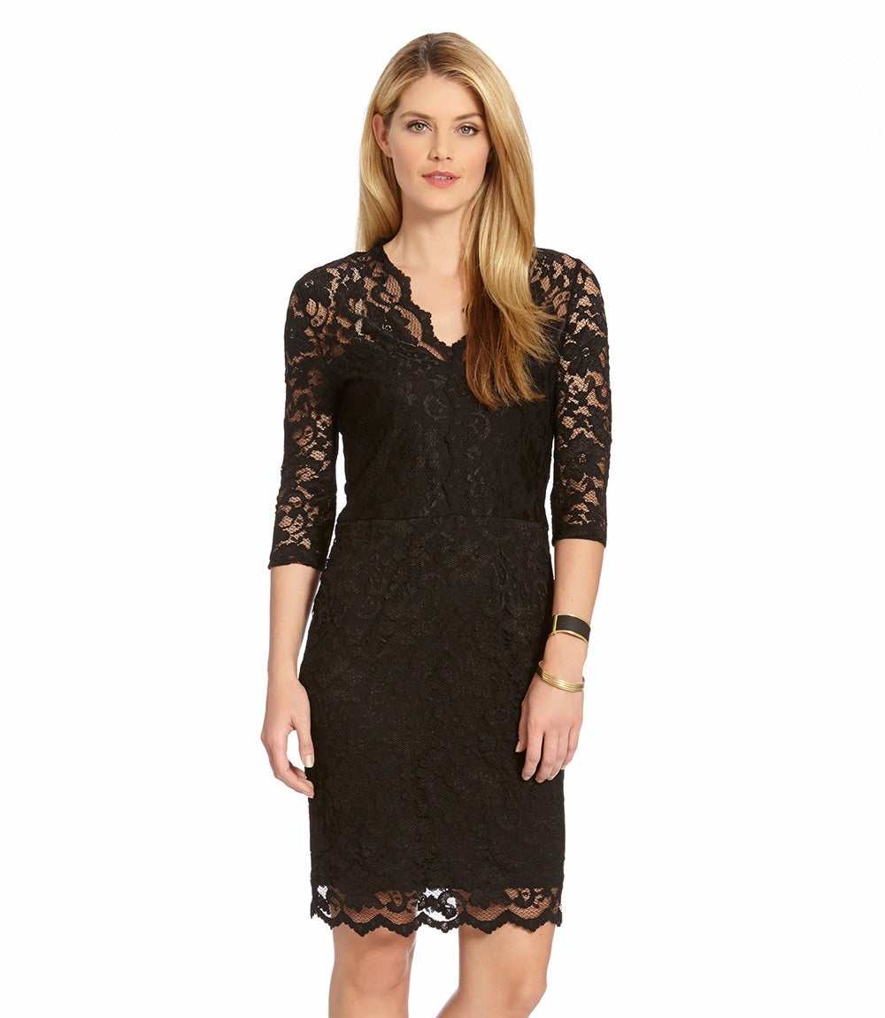 Petite Size V-Neck Scallop Lace Dress - Black