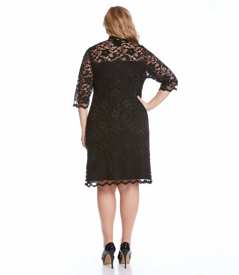 Plus Size V-Neck Scallop Lace Dress - Black