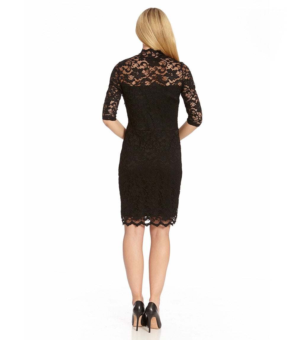 Petite Size V-Neck Scallop Lace Dress - Black