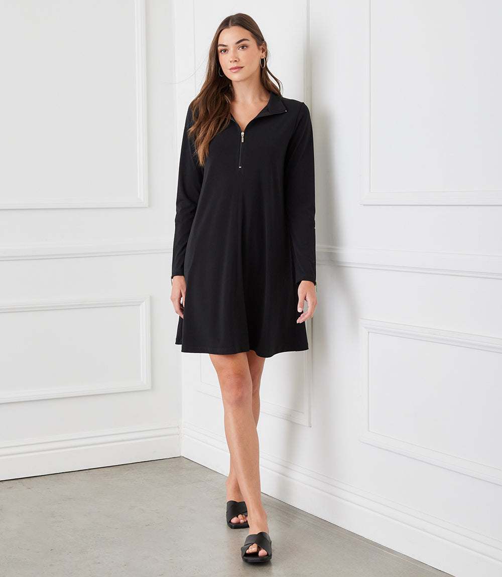 Petite Size Zip-Up Travel Jersey Dress - Black