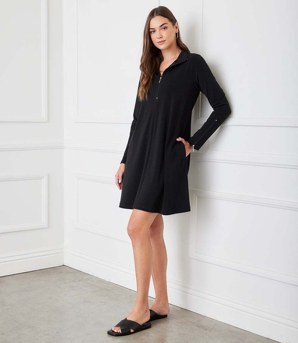 Petite Size Zip-Up Travel Jersey Dress - Black