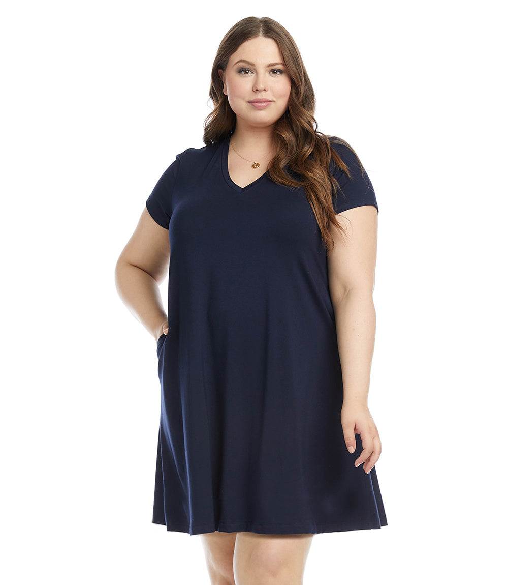 Plus Size V-Neck Pocket Dress - Navy