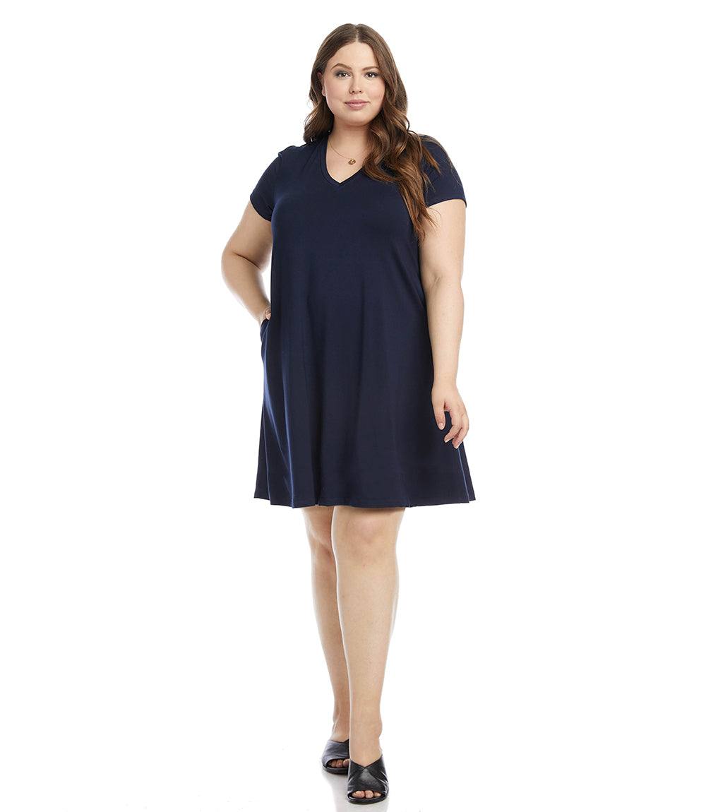 Plus Size V-Neck Pocket Dress - Navy