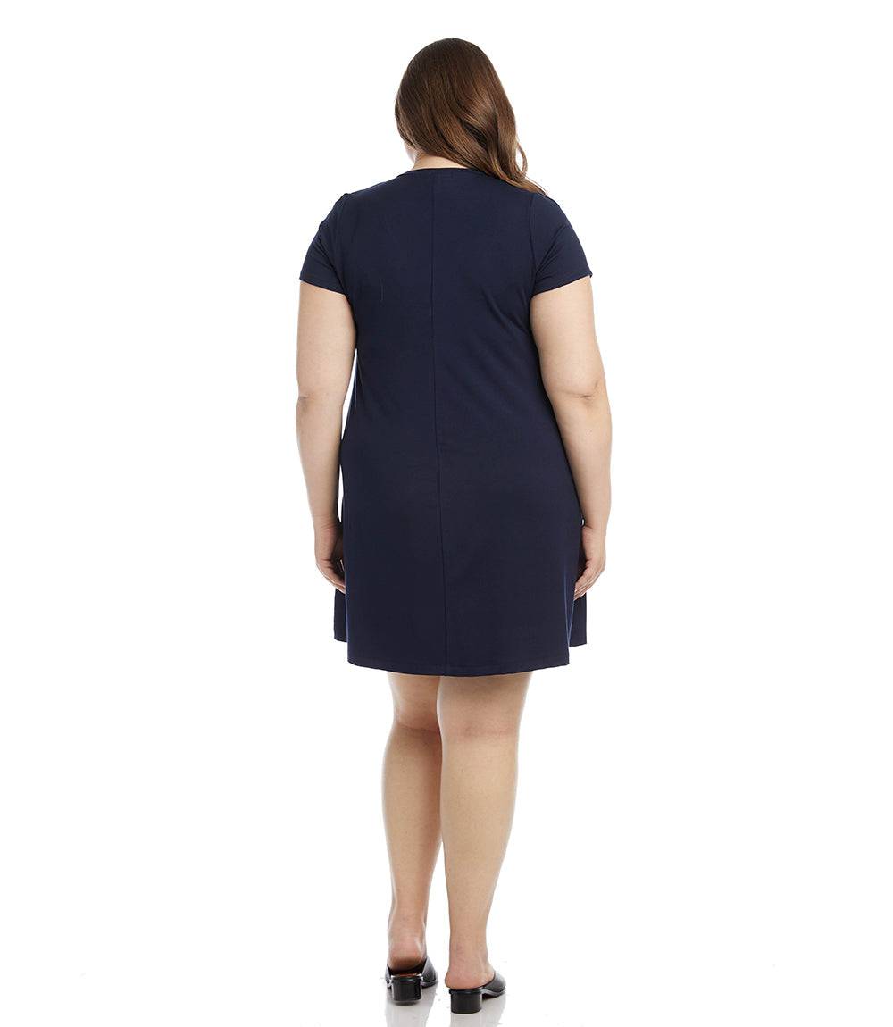 Plus Size V-Neck Pocket Dress - Navy