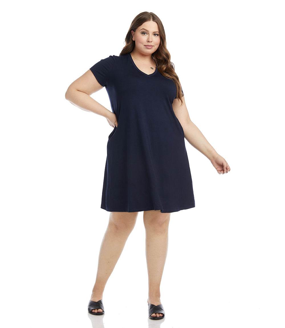 Plus Size V-Neck Pocket Dress - Navy