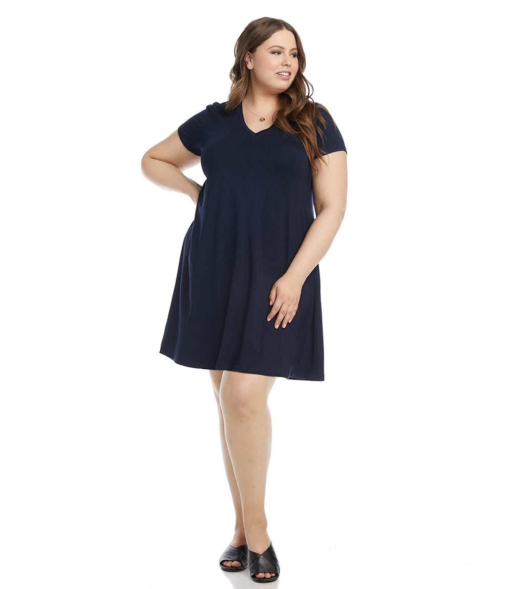 Plus Size V-Neck Pocket Dress - Navy