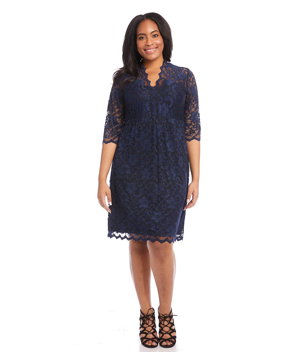 Plus Size V-Neck Scallop Lace Dress - Navy