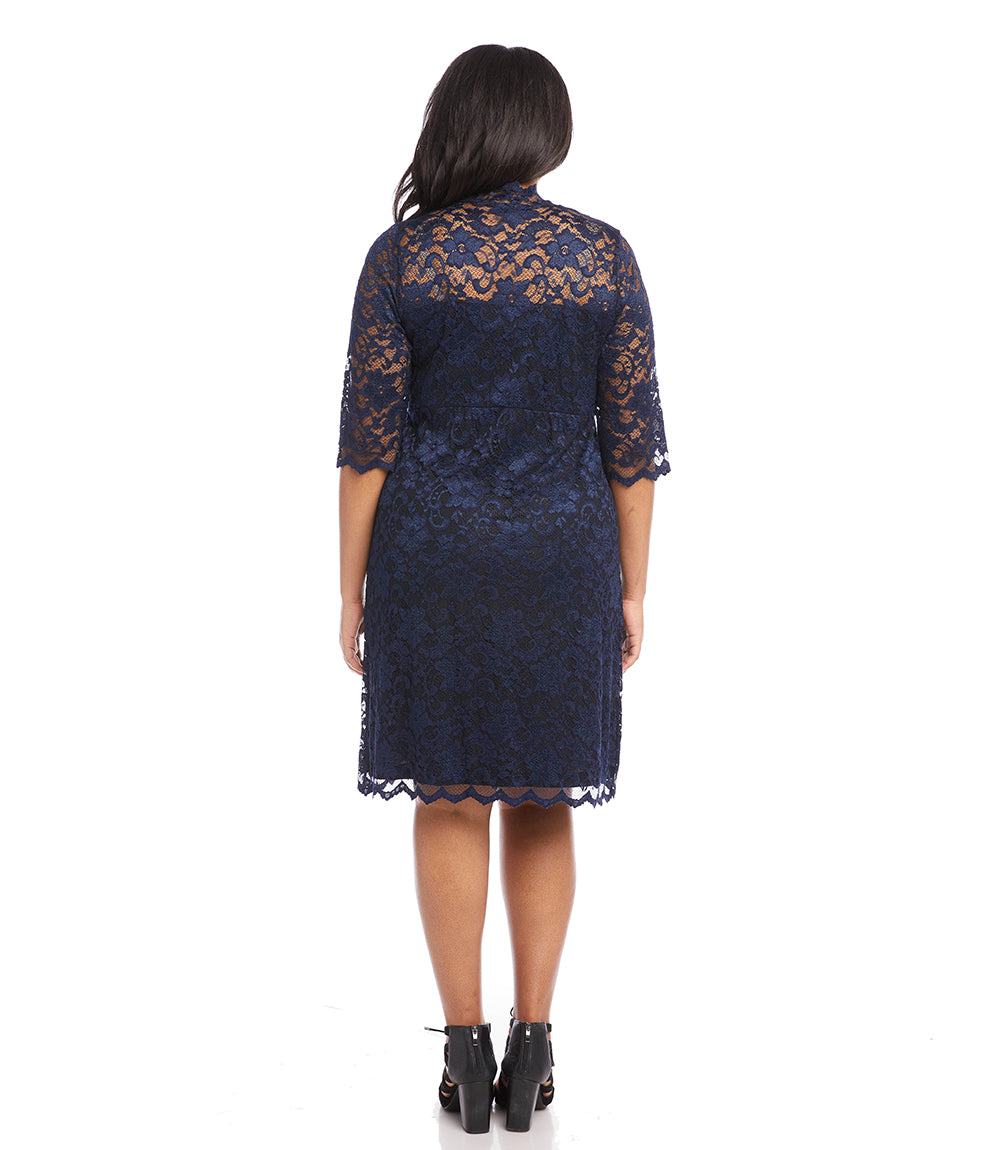Plus Size V-Neck Scallop Lace Dress - Navy