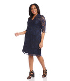 Plus Size V-Neck Scallop Lace Dress - Navy