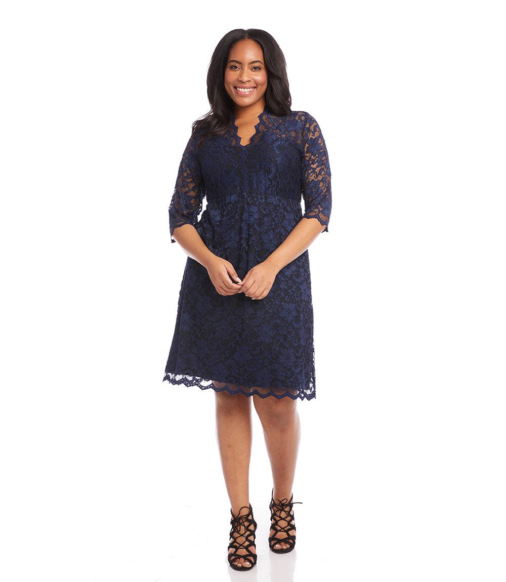 Plus Size V-Neck Scallop Lace Dress - Navy