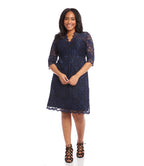 Plus Size V-Neck Scallop Lace Dress - Navy