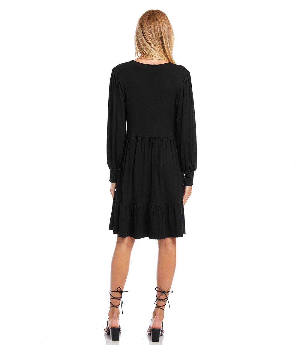 Petite Size Long Sleeve Tiered Dress - Black