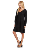 Petite Size Long Sleeve Tiered Dress - Black