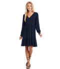 Petite Size Long Sleeve Tiered Dress - Navy
