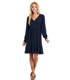 Petite Size Long Sleeve Tiered Dress - Navy