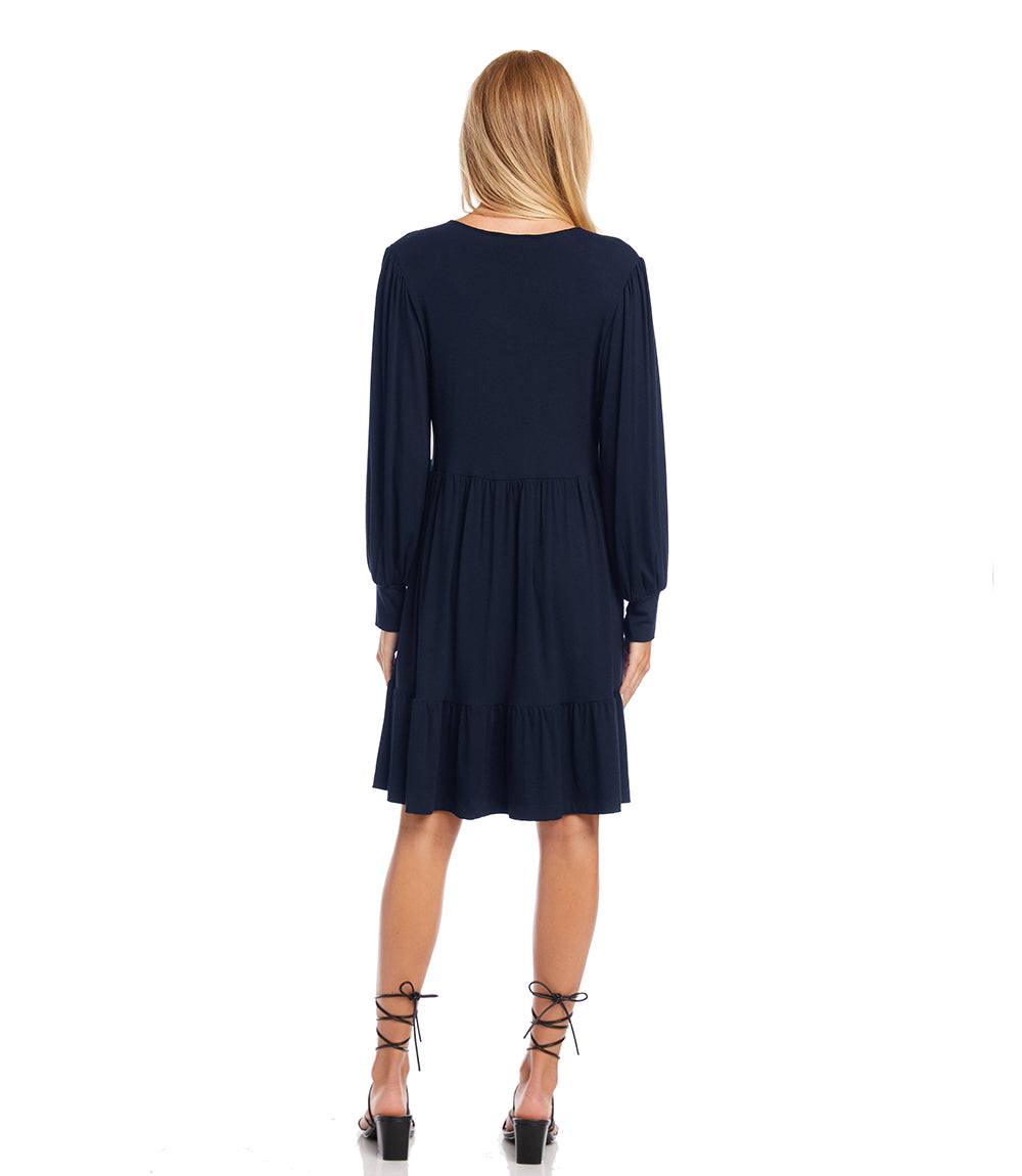 Petite Size Long Sleeve Tiered Dress - Navy