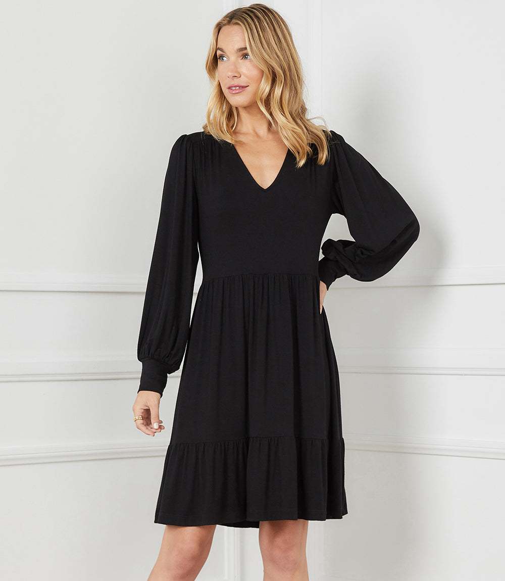 Petite Size Long Sleeve Tiered Dress - Black