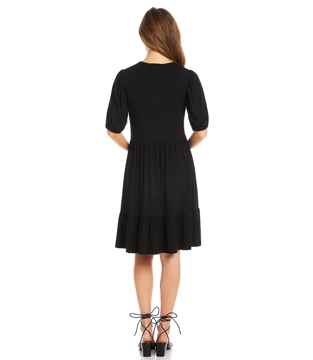 Petite Size Puff Sleeve Tiered Dress - Black