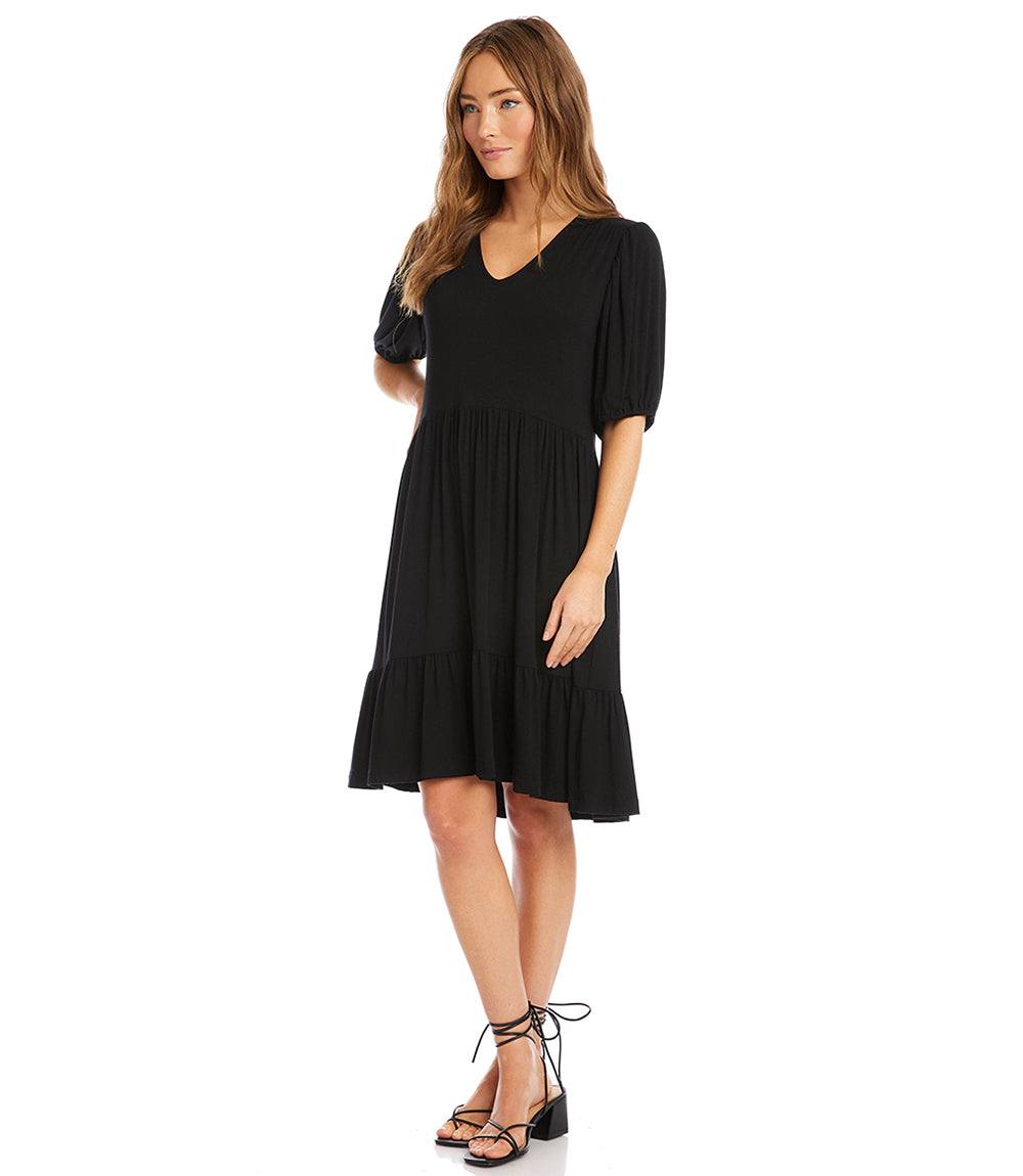 Petite Size Puff Sleeve Tiered Dress - Black