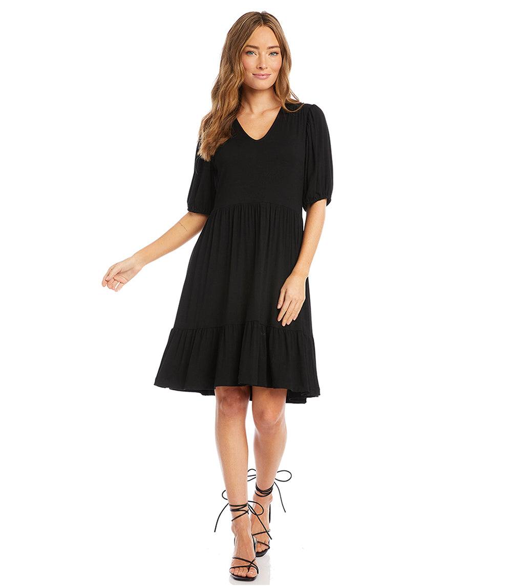 Petite Size Puff Sleeve Tiered Dress - Black