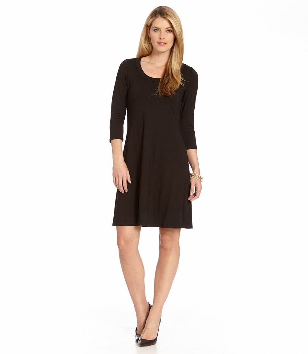 Petite Size Three Quarter Sleeve A-Line Dress - Black