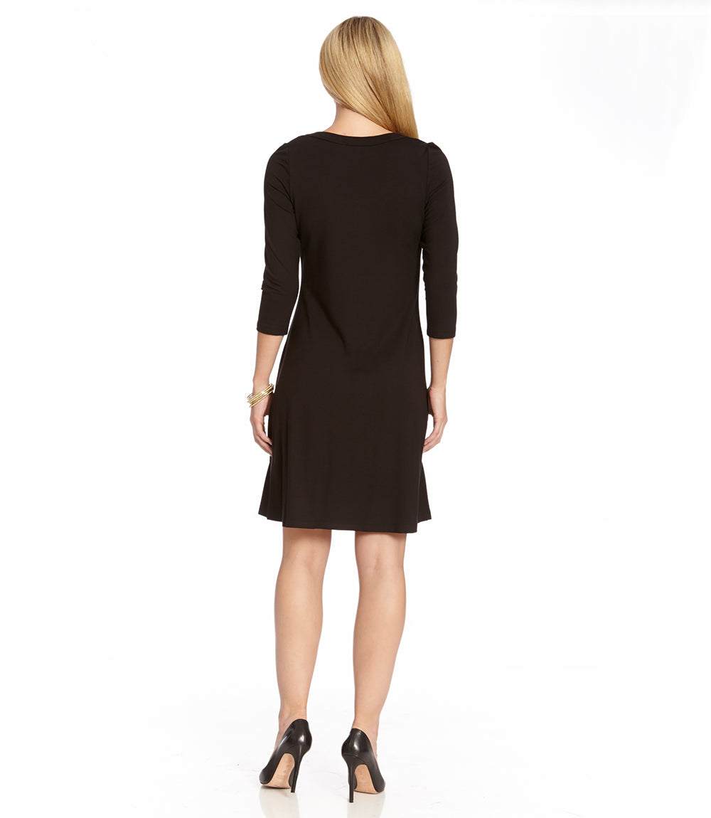 Petite Size Three Quarter Sleeve A-Line Dress - Black