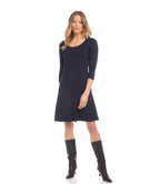 Petite Size Three Quarter Sleeve A-Line Dress - Navy