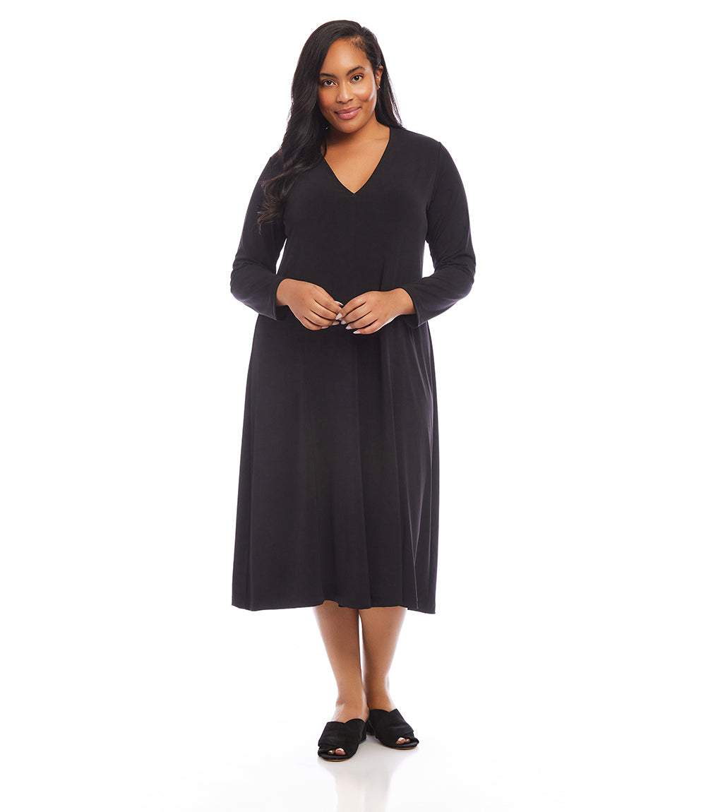 Plus Size V-Neck Midi Travel Jersey Dress - Black