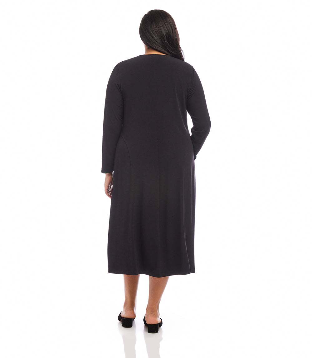 Plus Size V-Neck Midi Travel Jersey Dress - Black