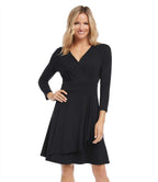 Petite Size Faux Wrap Drape Dress - Black