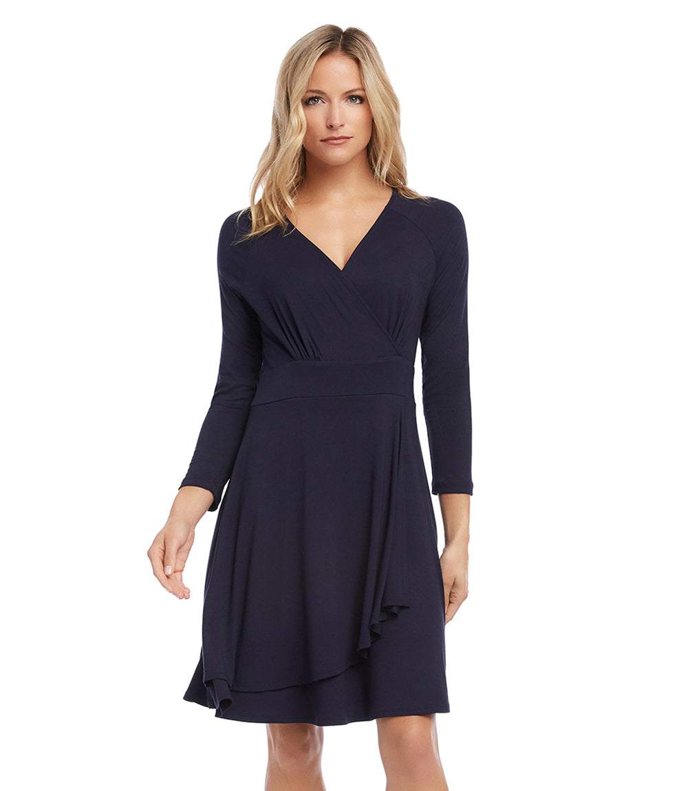 Petite Size Faux Wrap Drape Dress - Navy