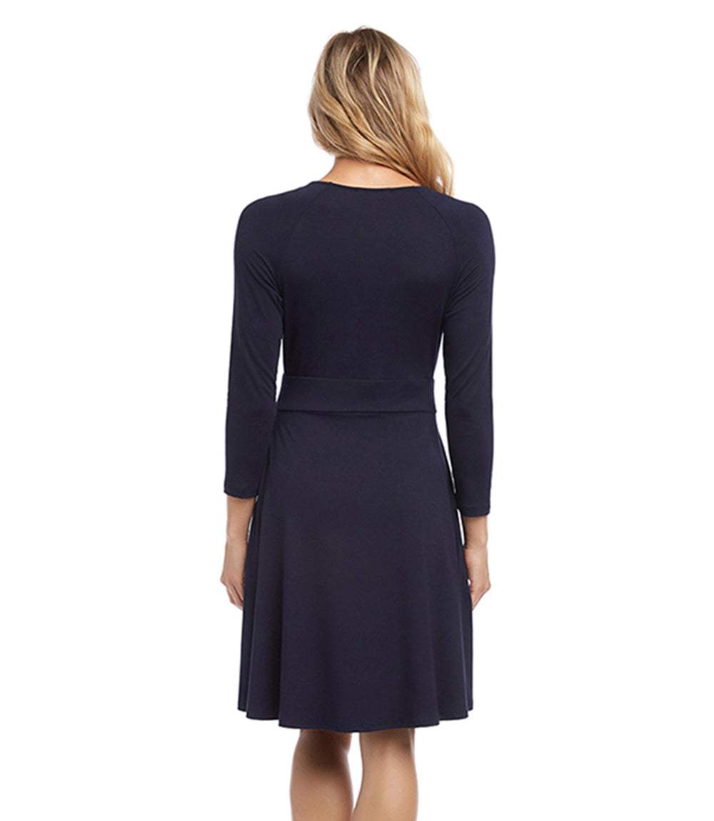 Petite Size Faux Wrap Drape Dress - Navy