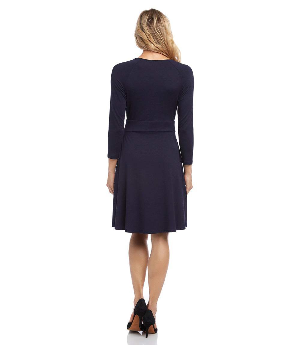 Petite Size Faux Wrap Drape Dress - Navy