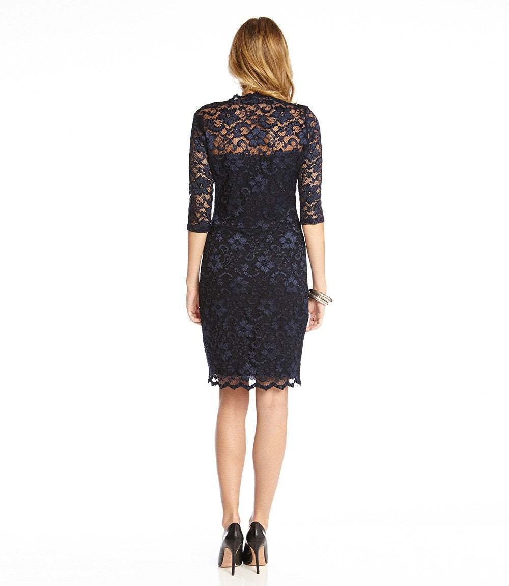 Petite Size V-Neck Scallop Lace Dress - Navy